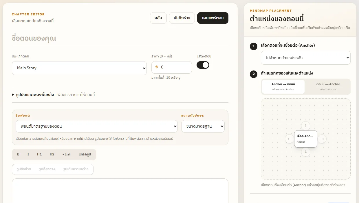 หน้า Chapter Editor พร้อมเครื่องมือฟอนต์และตัวเลือก Mindmap placement